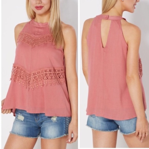 Tops - Split T-Back Pink Top Shirt with Lace in X Large
